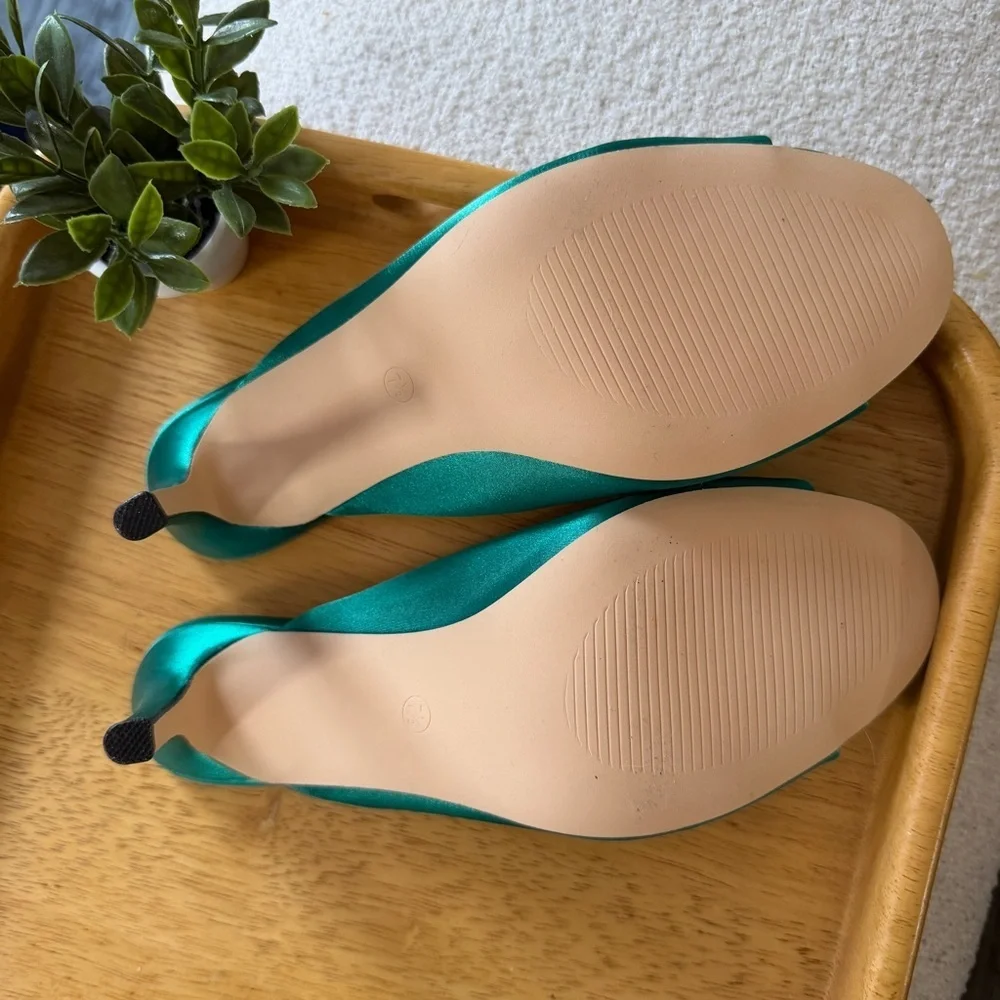 Deep Teal Metal Link Chain Peep Round Toe Heel Slide Stiletto NWT 7.5